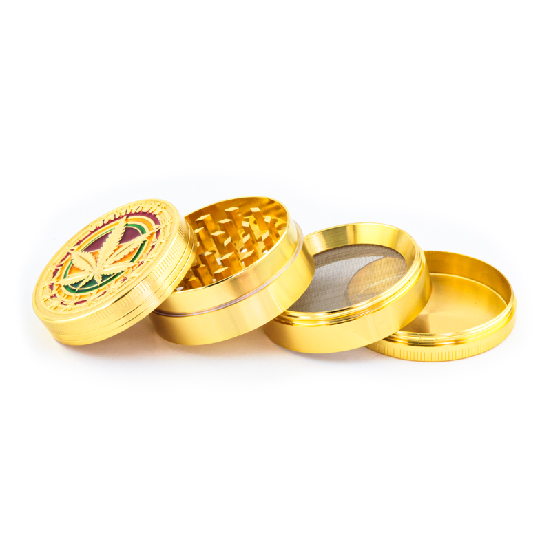 Gold 52mm 4-Part Metal Grinder Rasta Leaf